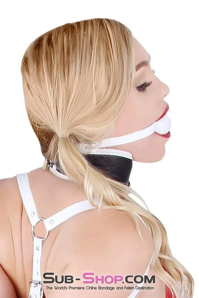 1522A      Pure Bondage White Leather Strap Ball Gag, White Ball
