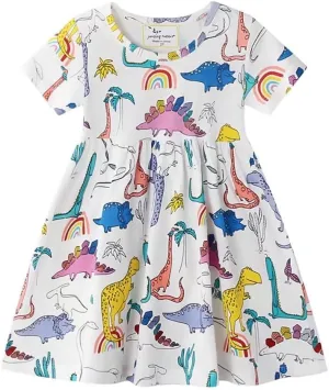 AIWUHE Toddler Girls Dress Cotton Casual Short Sleeve Striped Jersey Dresses Summer Cartoon Dinosaurs Appliques Shirt 2-7Y