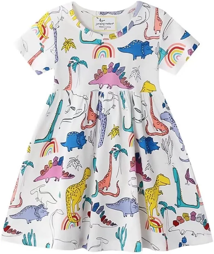 AIWUHE Toddler Girls Dress Cotton Casual Short Sleeve Striped Jersey Dresses Summer Cartoon Dinosaurs Appliques Shirt 2-7Y