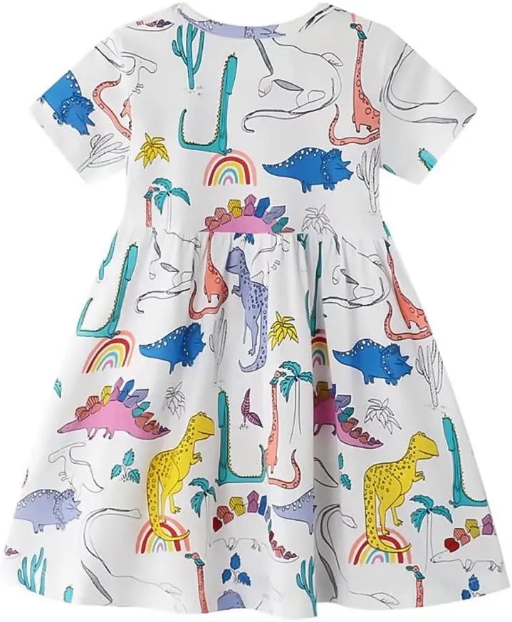 AIWUHE Toddler Girls Dress Cotton Casual Short Sleeve Striped Jersey Dresses Summer Cartoon Dinosaurs Appliques Shirt 2-7Y