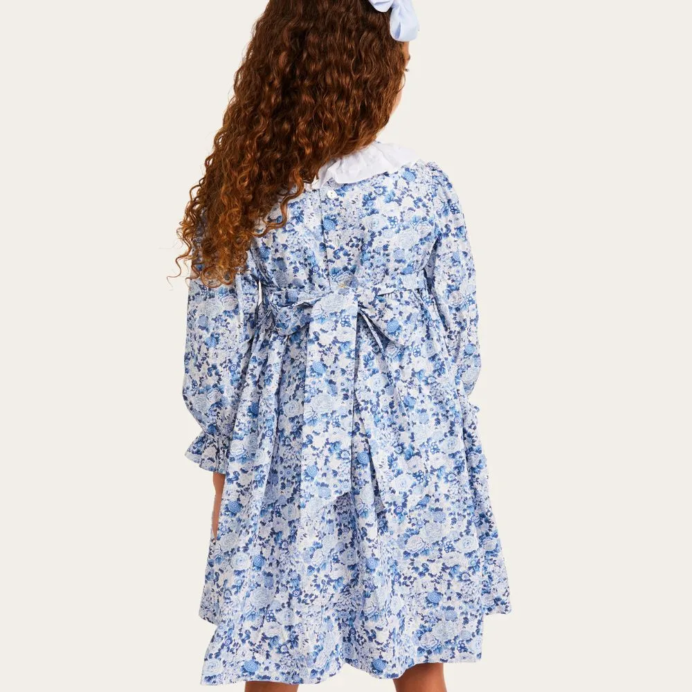 Azure Blue Floral Dress with Frilled Collar
