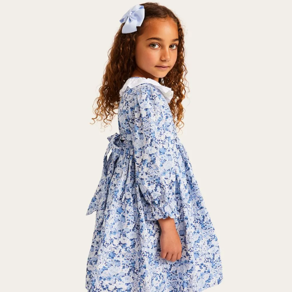 Azure Blue Floral Dress with Frilled Collar