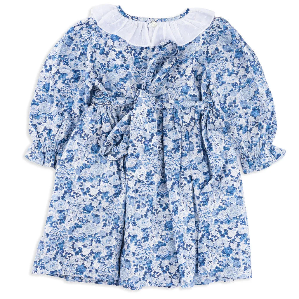 Azure Blue Floral Dress with Frilled Collar