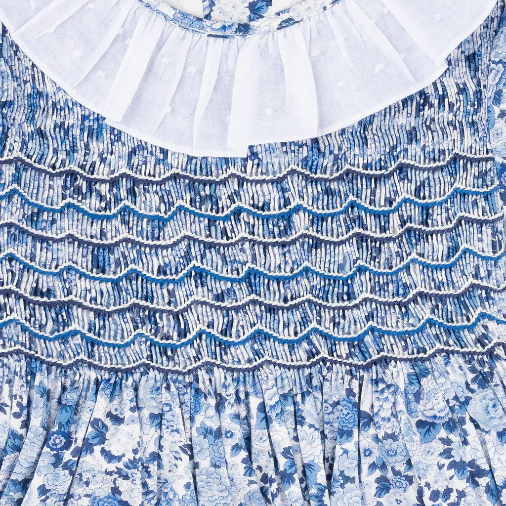 Azure Blue Floral Dress with Frilled Collar
