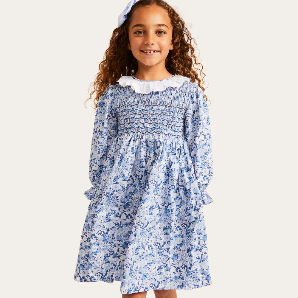 Azure Blue Floral Dress with Frilled Collar