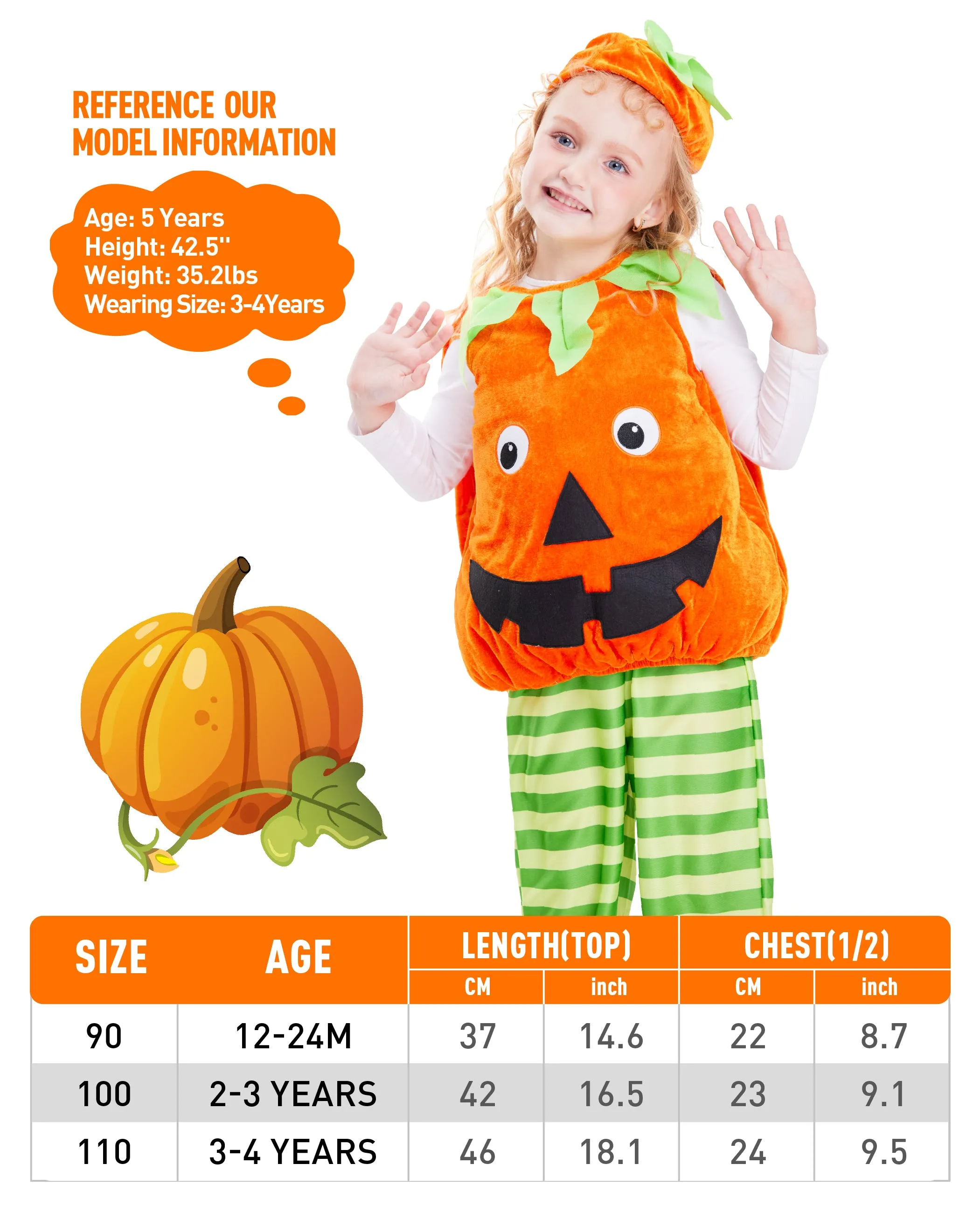 Baby Pumpkin Costume Halloween Toddler Kids Bodysuit 3pcs Suits