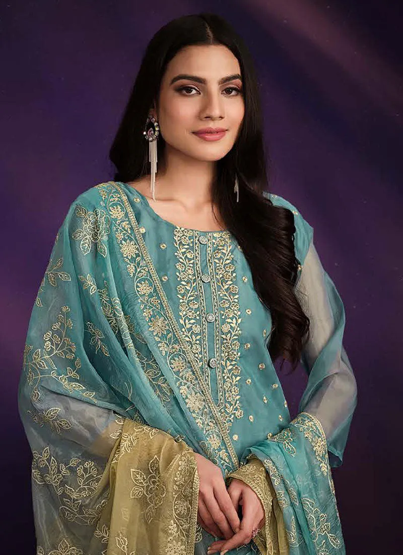 Blue And Yellow Embroidered Salwar Kameez Suit