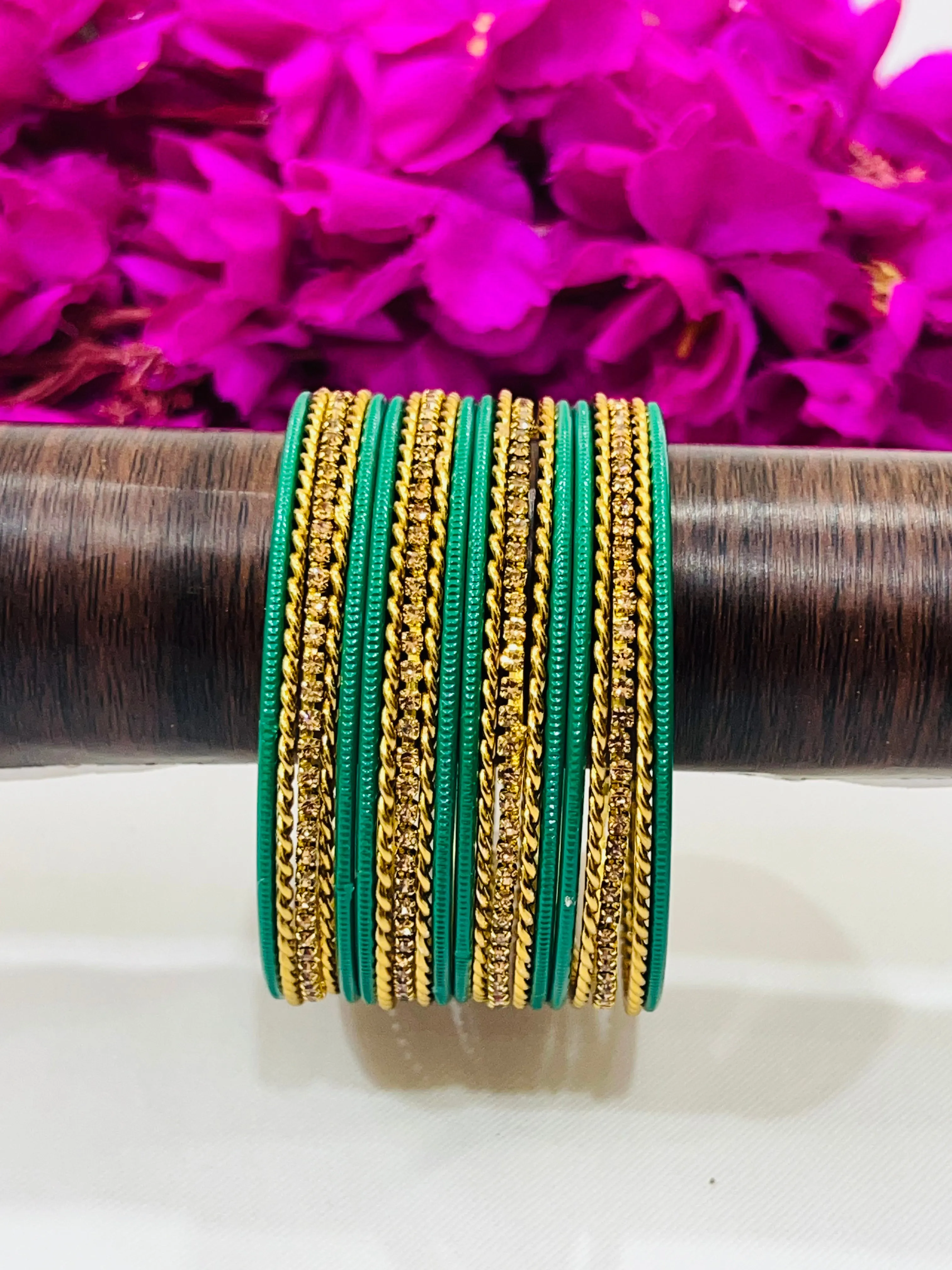 Charming Light Green Color Metal Bangles With Glitter Stones For Women