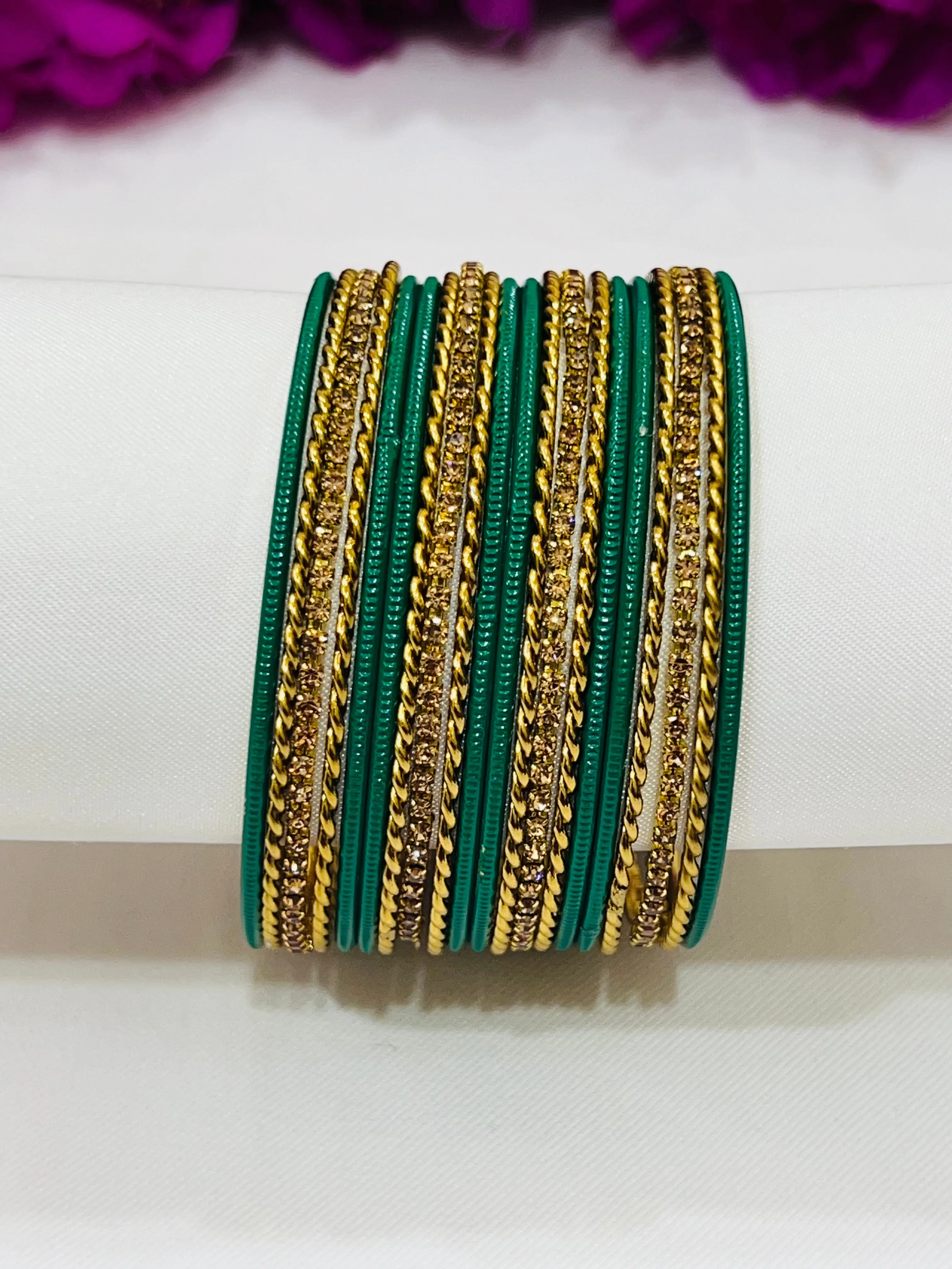 Charming Light Green Color Metal Bangles With Glitter Stones For Women