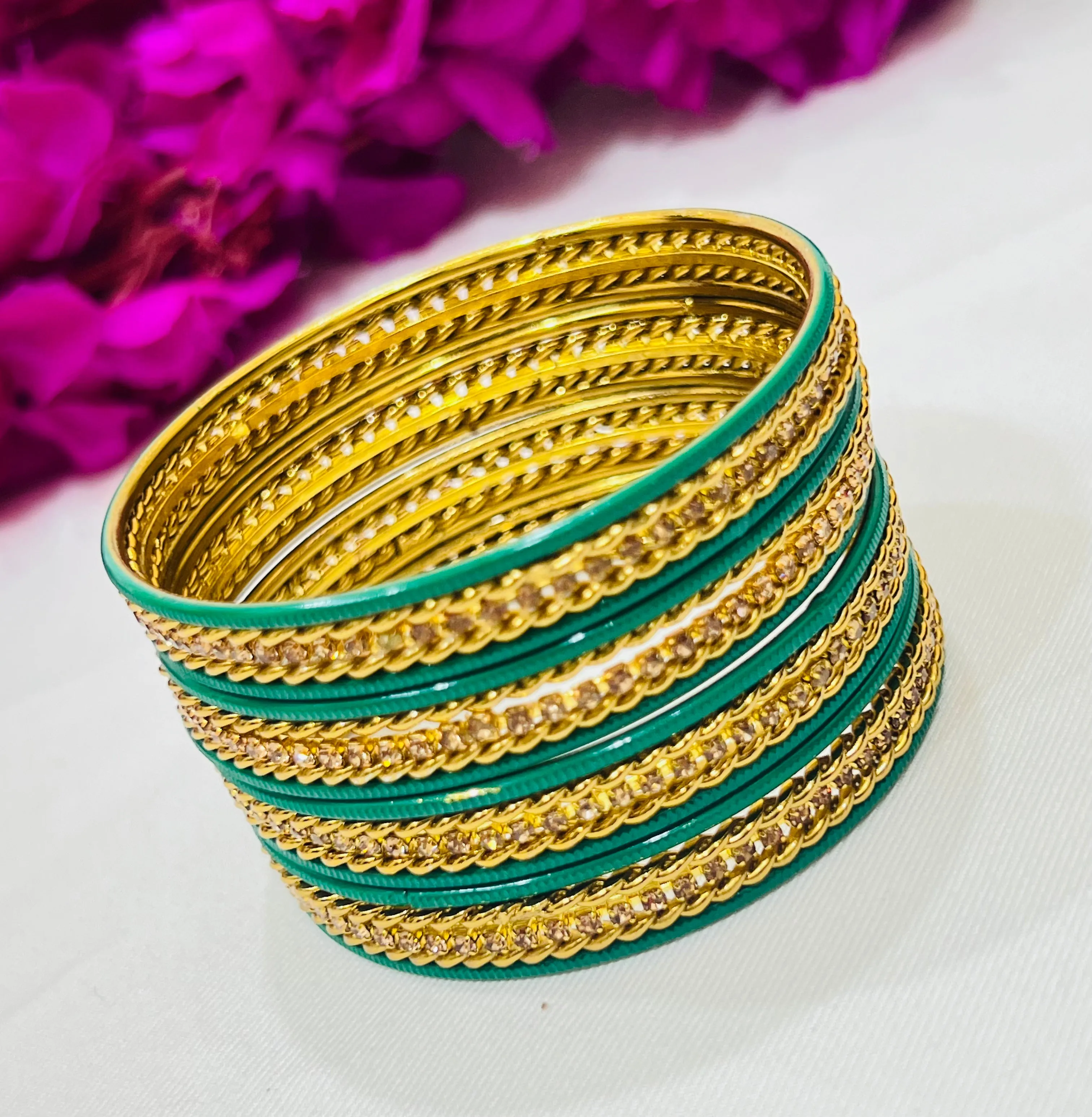 Charming Light Green Color Metal Bangles With Glitter Stones For Women