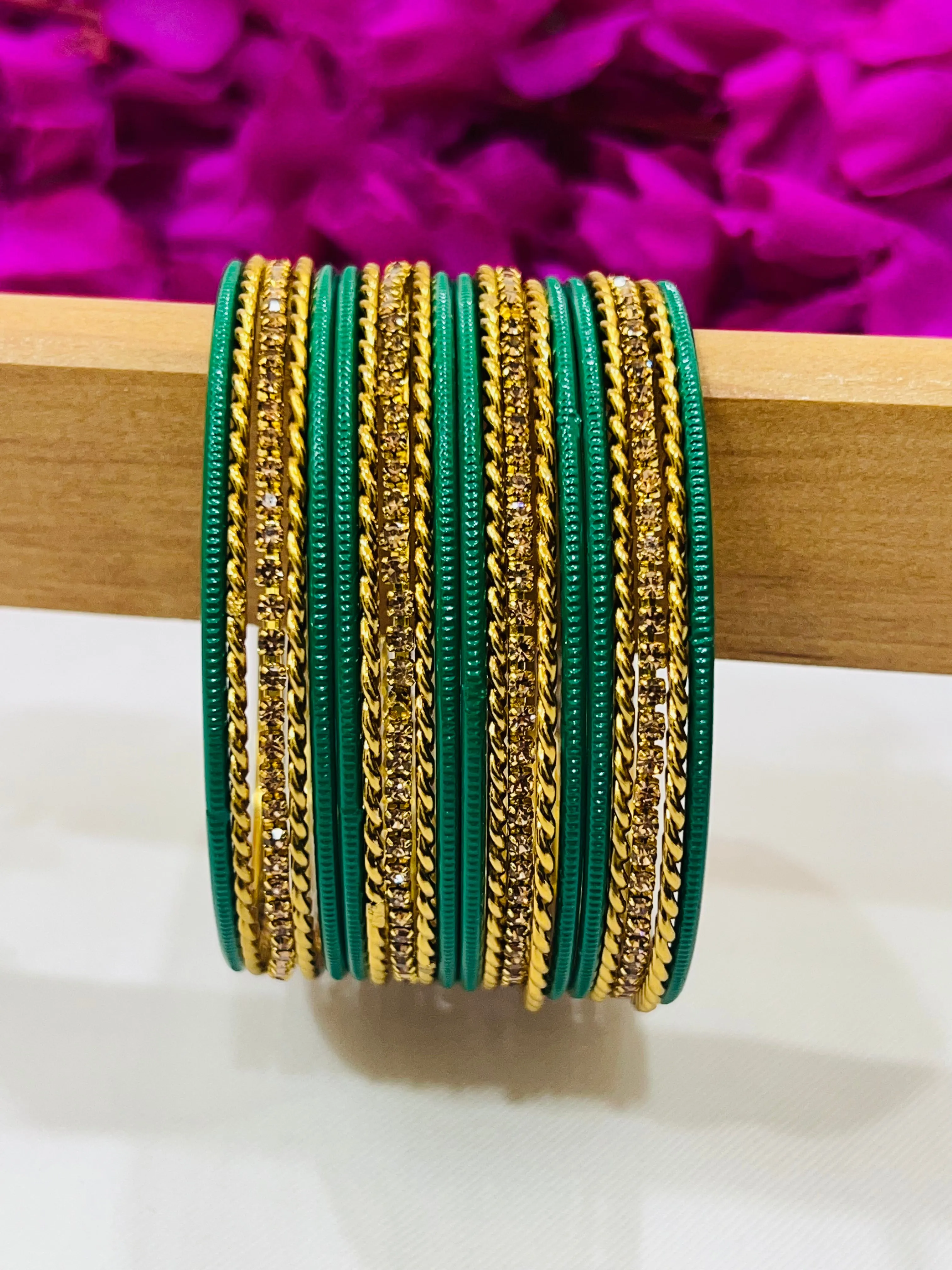 Charming Light Green Color Metal Bangles With Glitter Stones For Women