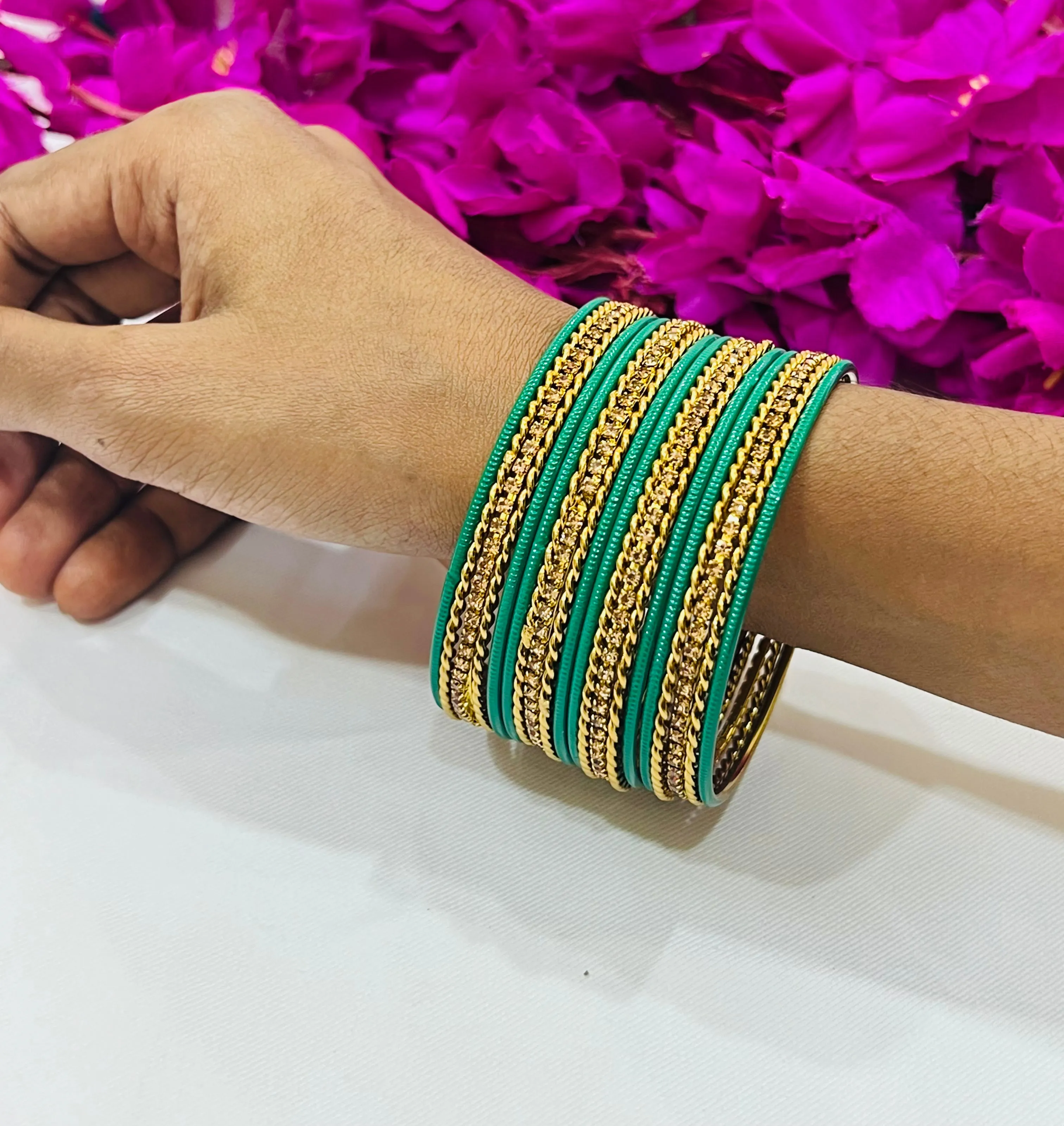 Charming Light Green Color Metal Bangles With Glitter Stones For Women