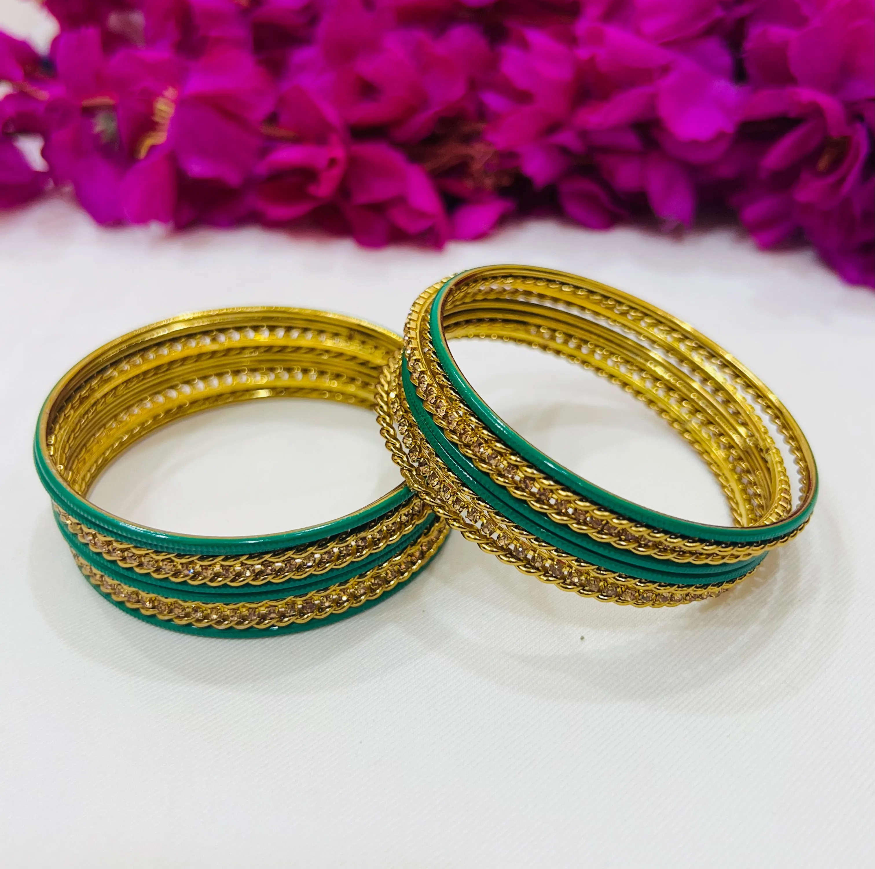 Charming Light Green Color Metal Bangles With Glitter Stones For Women