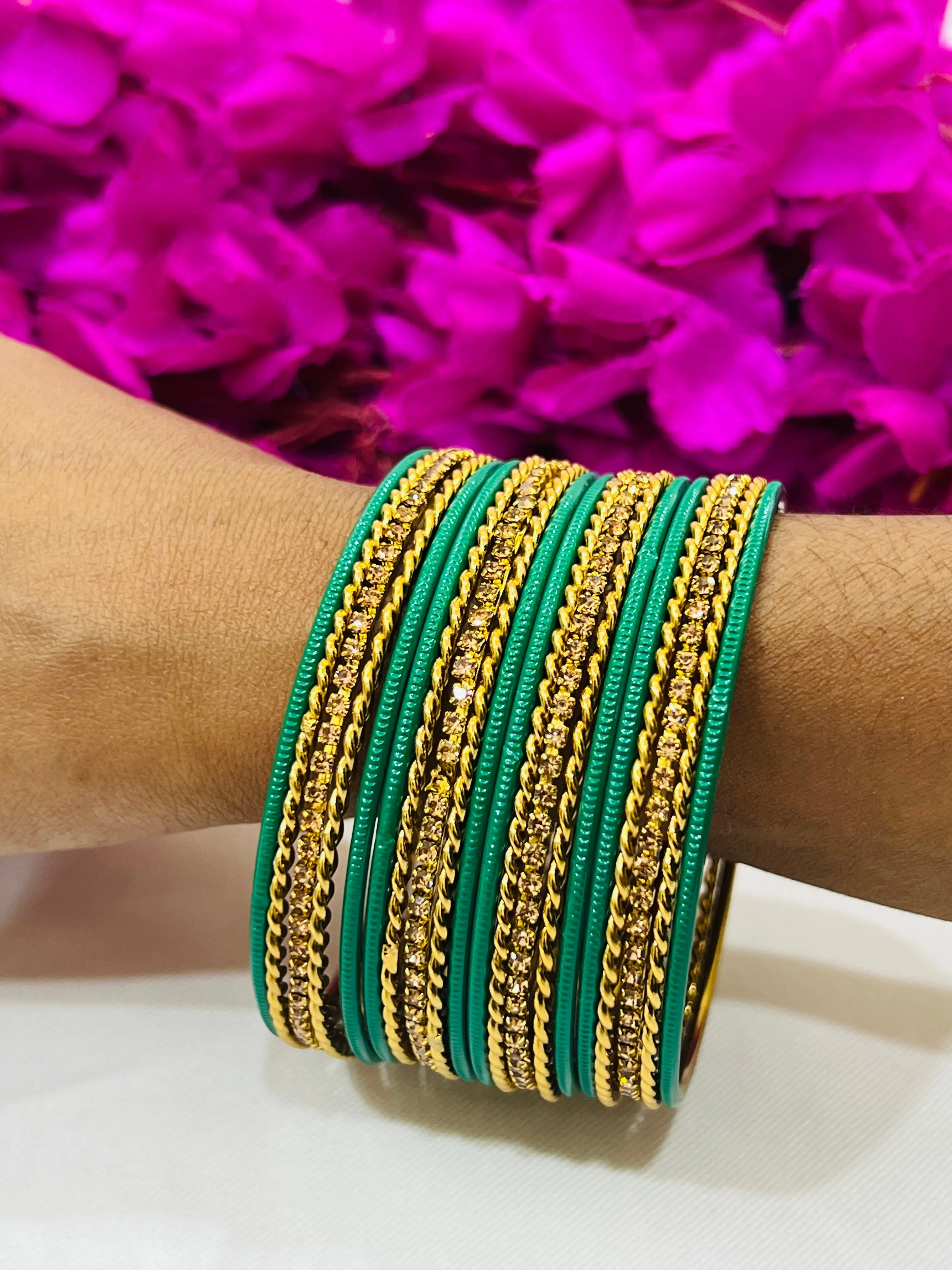 Charming Light Green Color Metal Bangles With Glitter Stones For Women