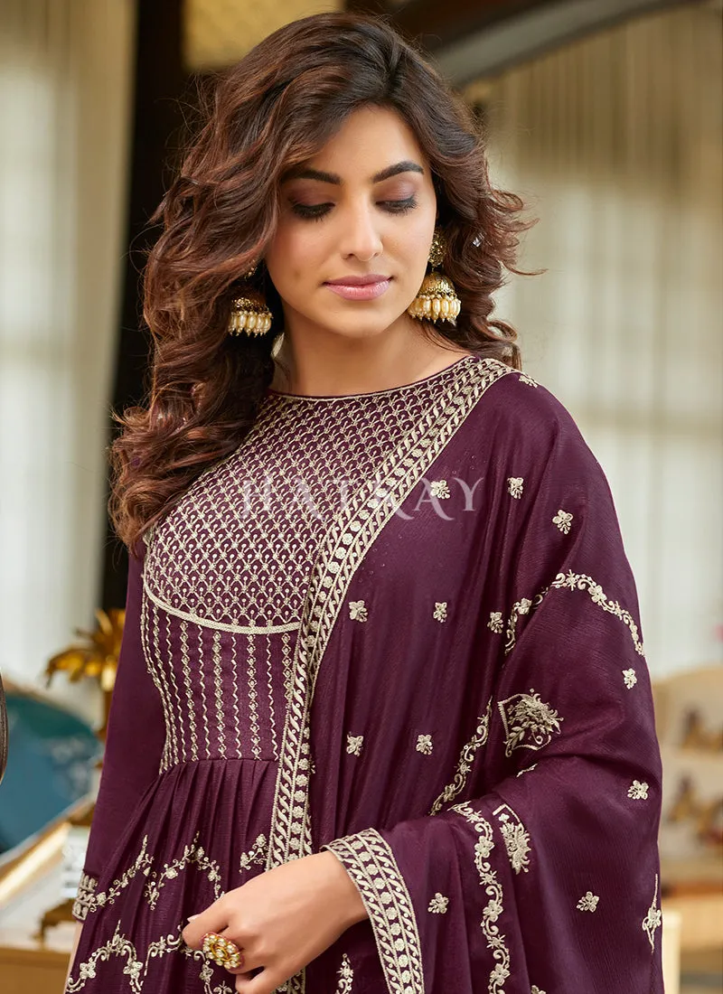 Deep Wine Embroidered Traditional Festive Gharara Suit
