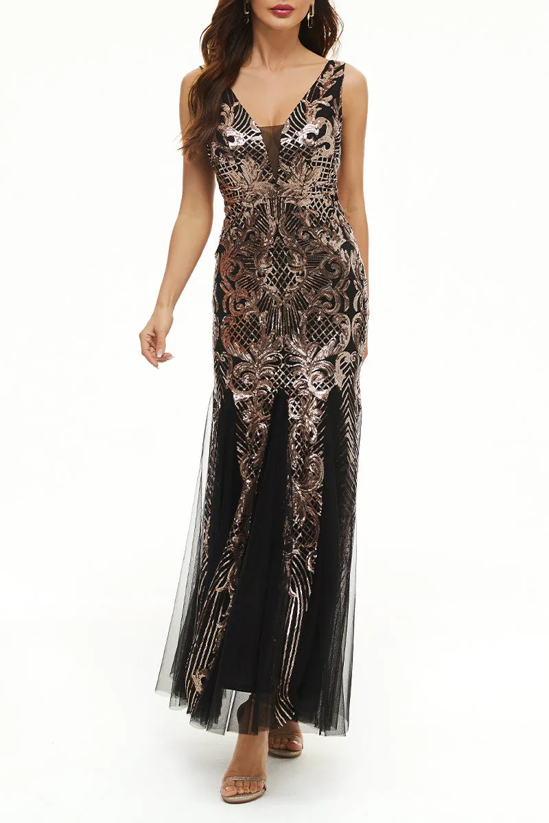 Elegant College Patchwork Sequins V Neck Evening Dress Dresses(4 Colors)）