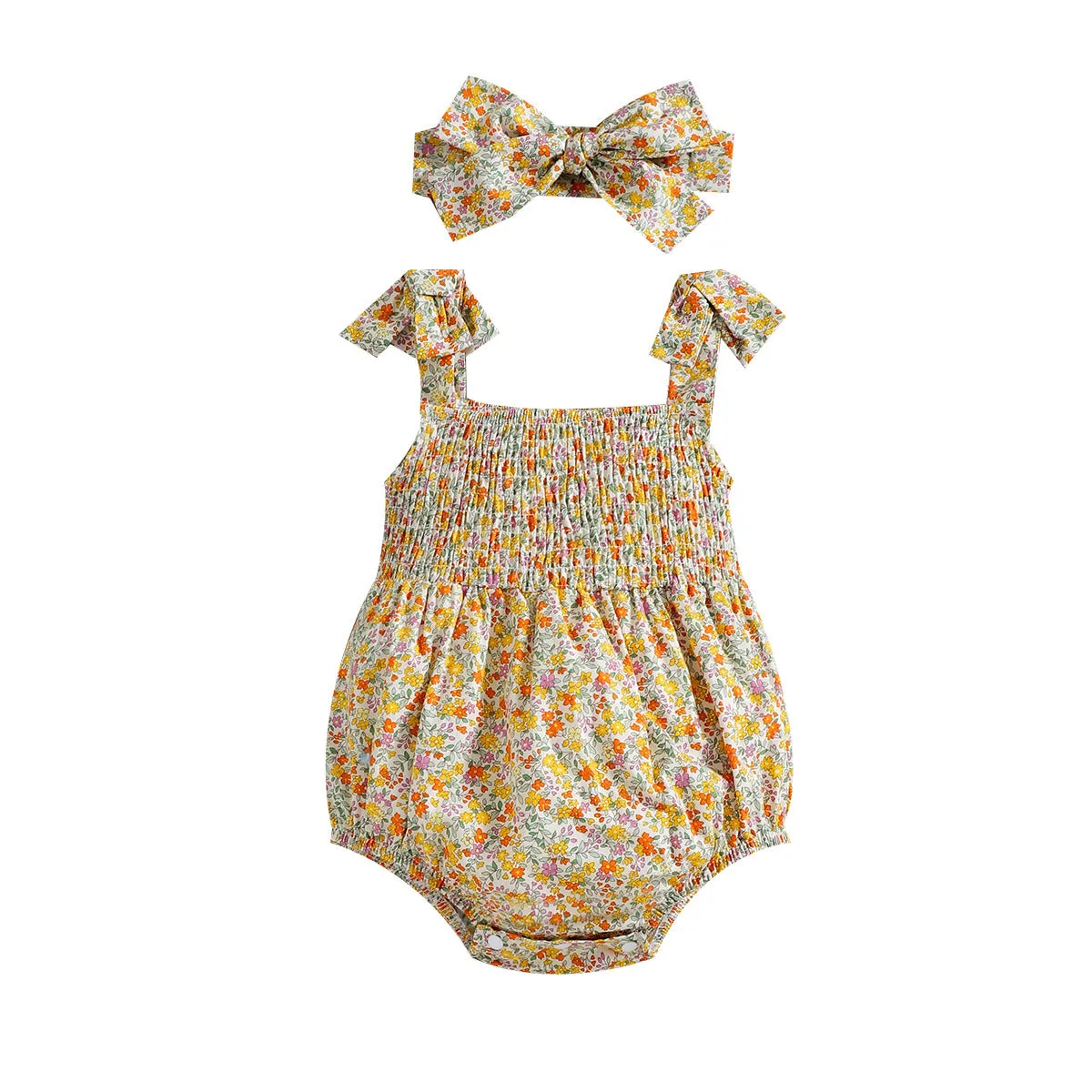 Floral Strap Smocking One-piece Romper Baby Girl Rompers