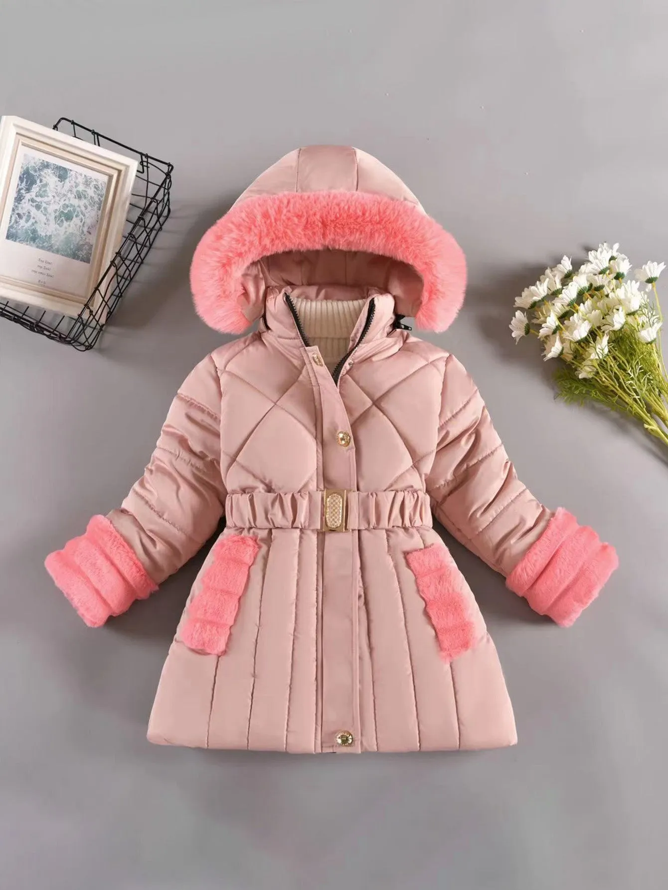 Girls' hooded fleece thickened outdoor cotton coat