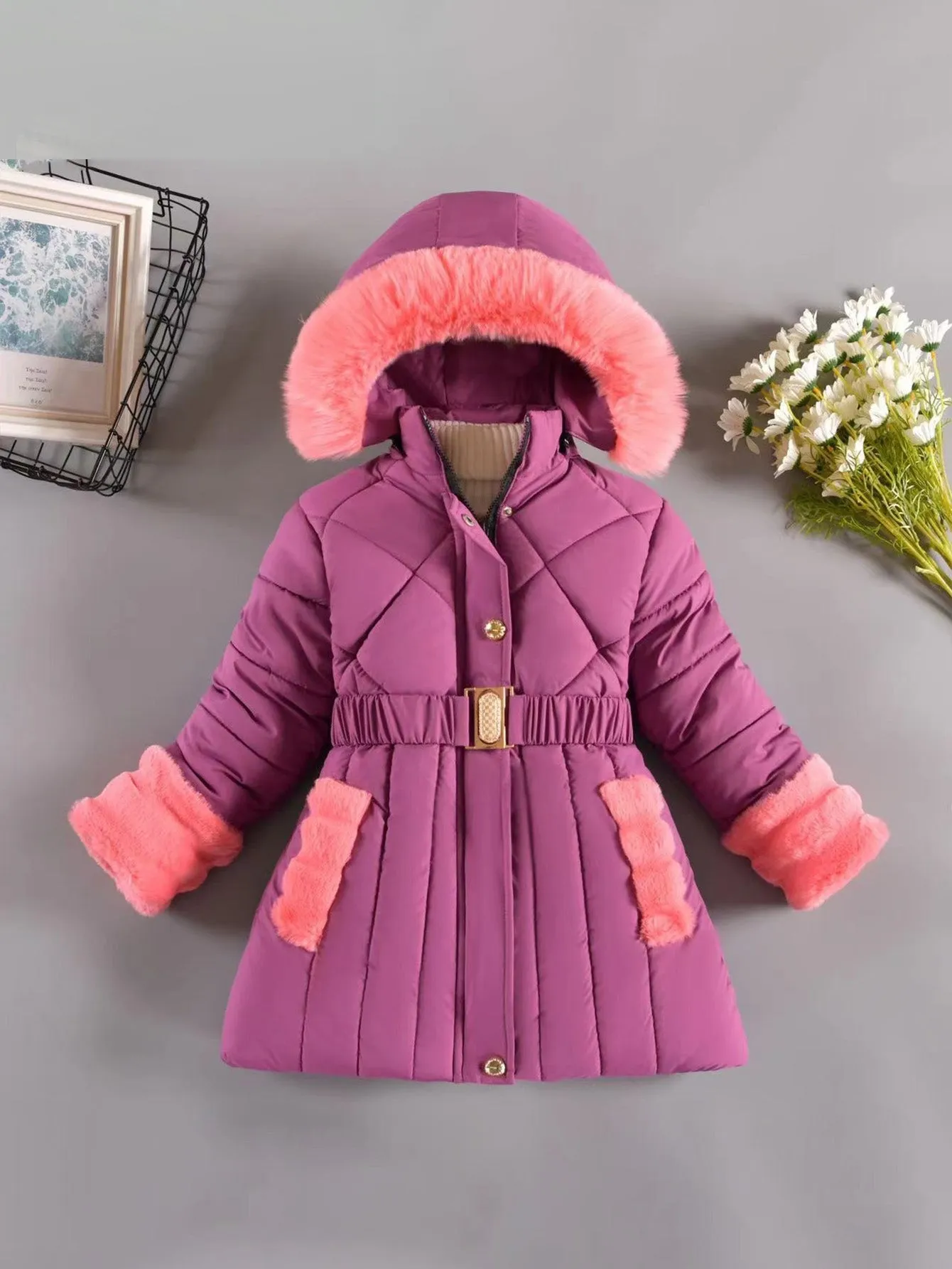 Girls' hooded fleece thickened outdoor cotton coat