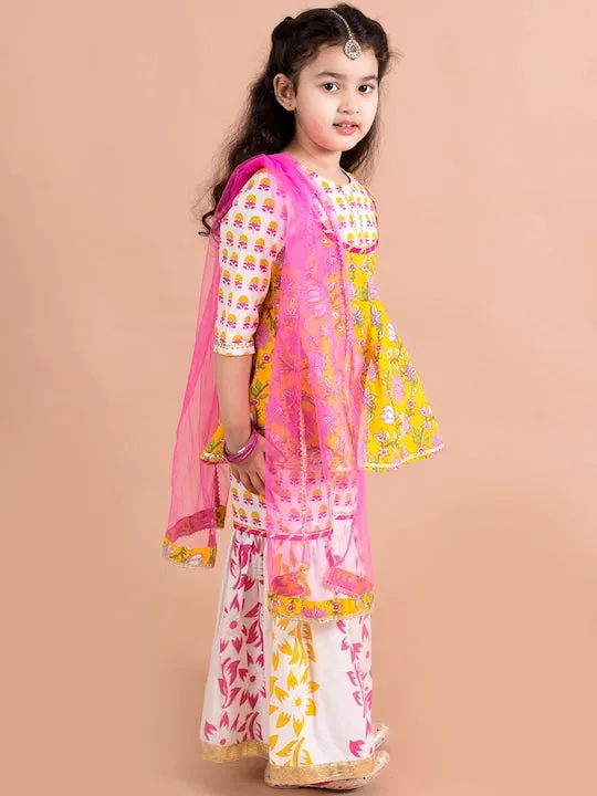 Girls Yellow Floral Printed Pure Cotton Kurti With Sharara With Dupatta - Ps Peaches
