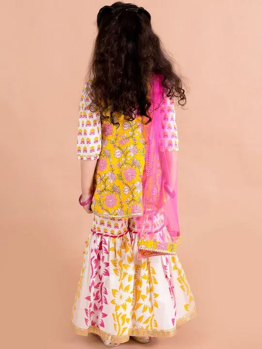 Girls Yellow Floral Printed Pure Cotton Kurti With Sharara With Dupatta - Ps Peaches