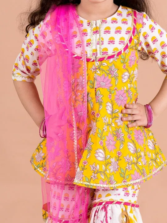 Girls Yellow Floral Printed Pure Cotton Kurti With Sharara With Dupatta - Ps Peaches
