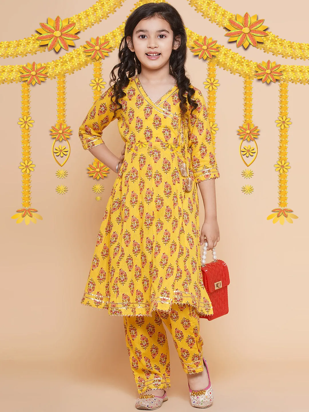 Girl's Yellow Printed Kurta With Trousers  - Bitiya By Bhama