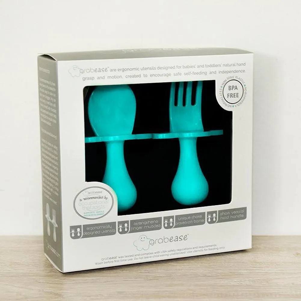 Grab Ease First Self-Feeding Baby Utensil Set of Spoon and Fork - Teal