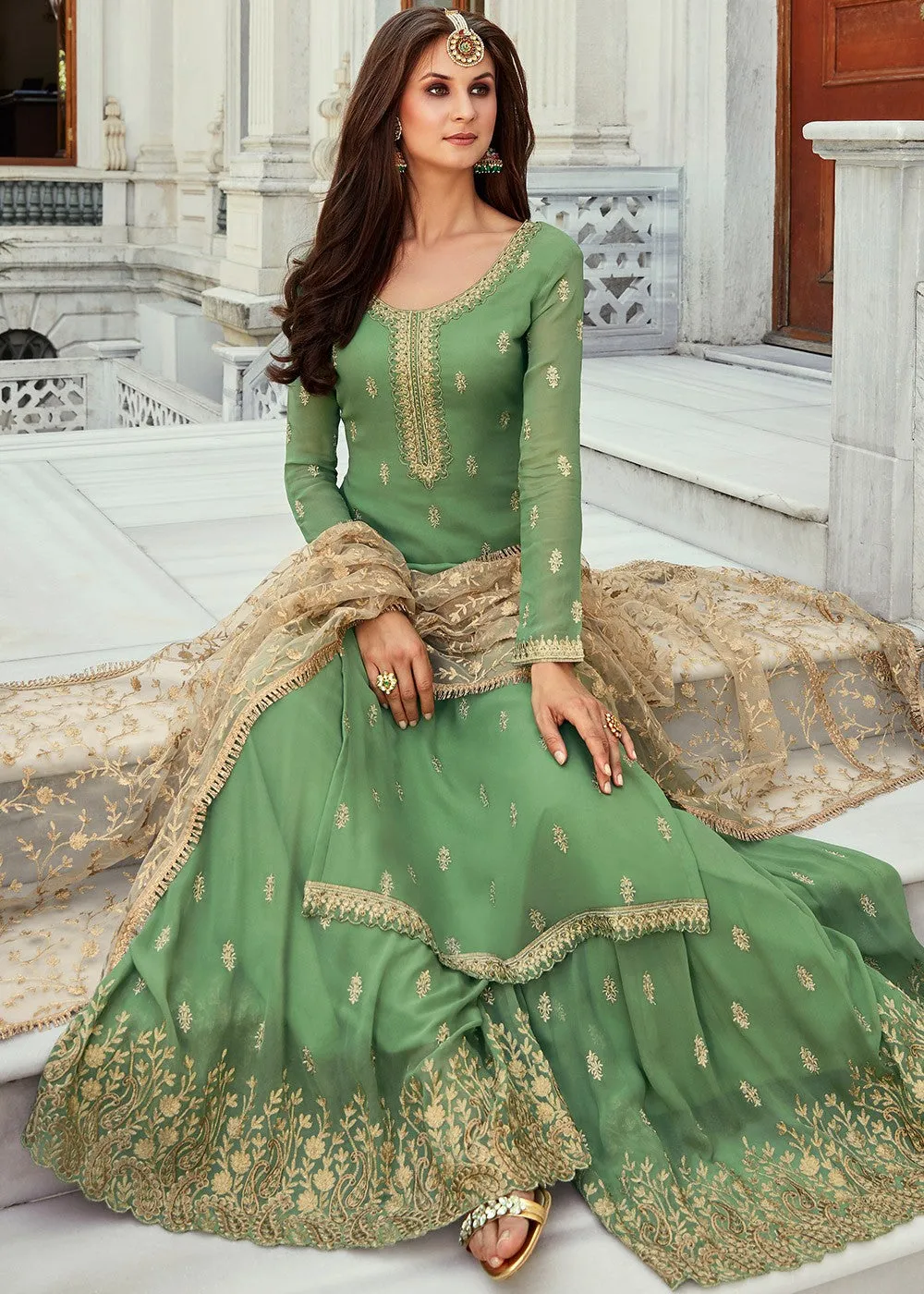 Green And Golden Embroidered Gharara Suit