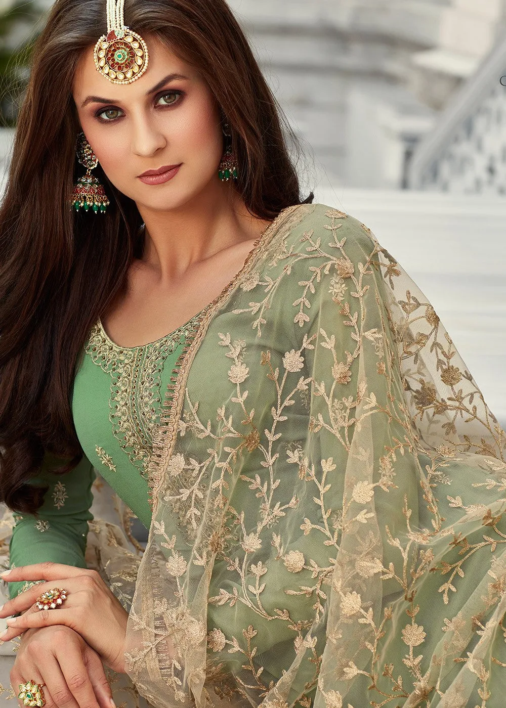 Green And Golden Embroidered Gharara Suit