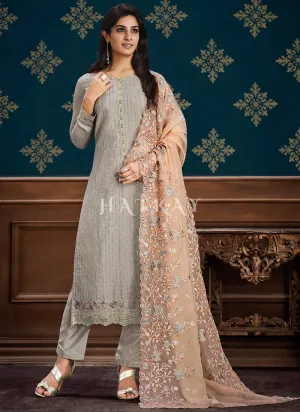 Grey And Golden Floral Embroidery Pakistani Pant Suit