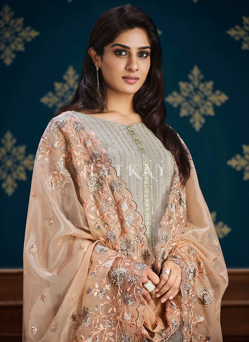 Grey And Golden Floral Embroidery Pakistani Pant Suit