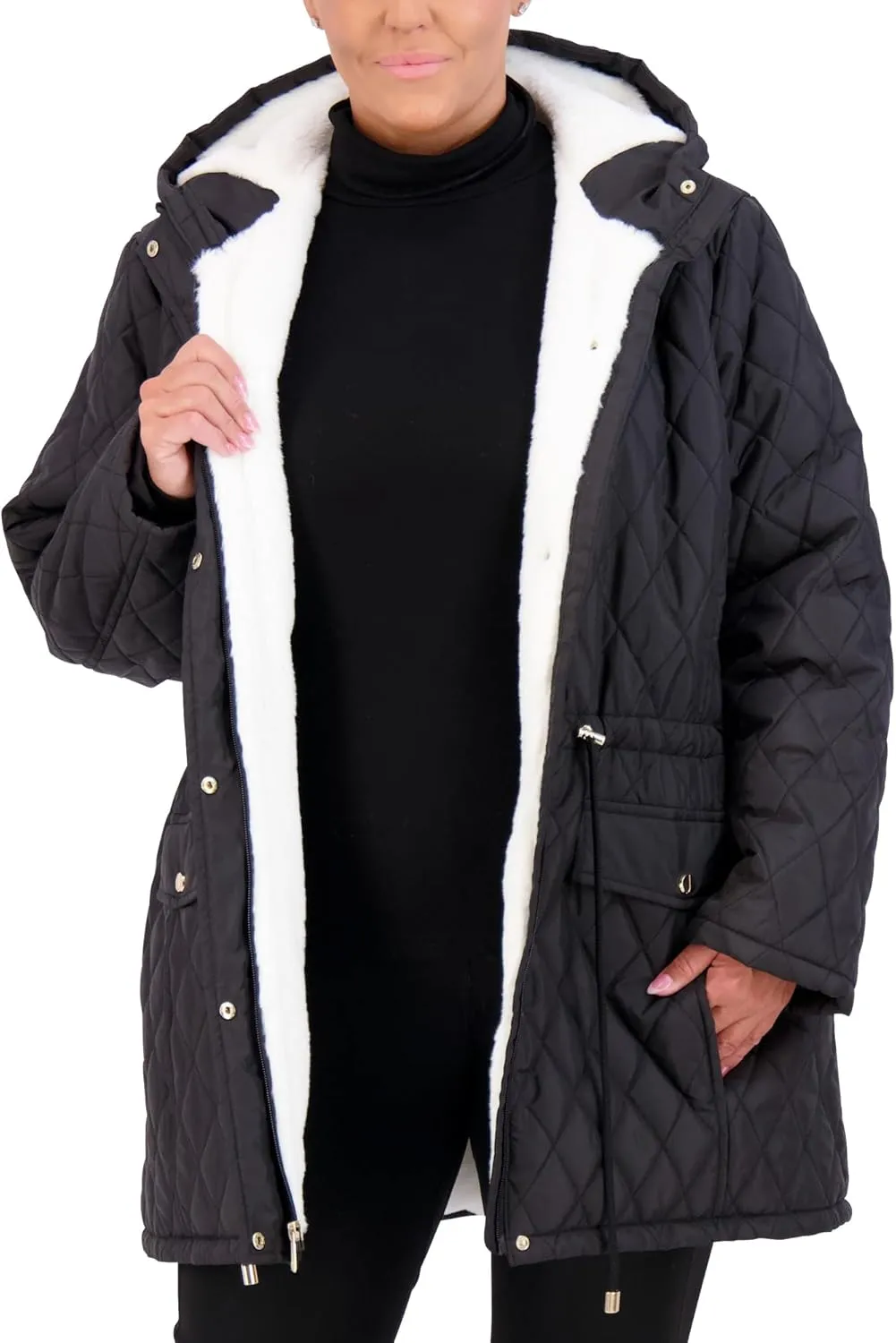 Jones NY Diamond-Quilted Jacket Anorak with Fur Lining - Winter Coats for Women, Black