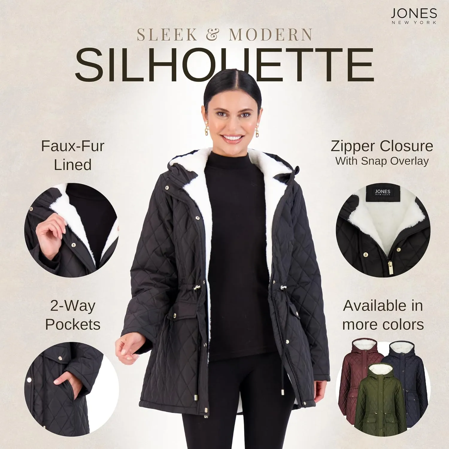 Jones NY Diamond-Quilted Jacket Anorak with Fur Lining - Winter Coats for Women, Black