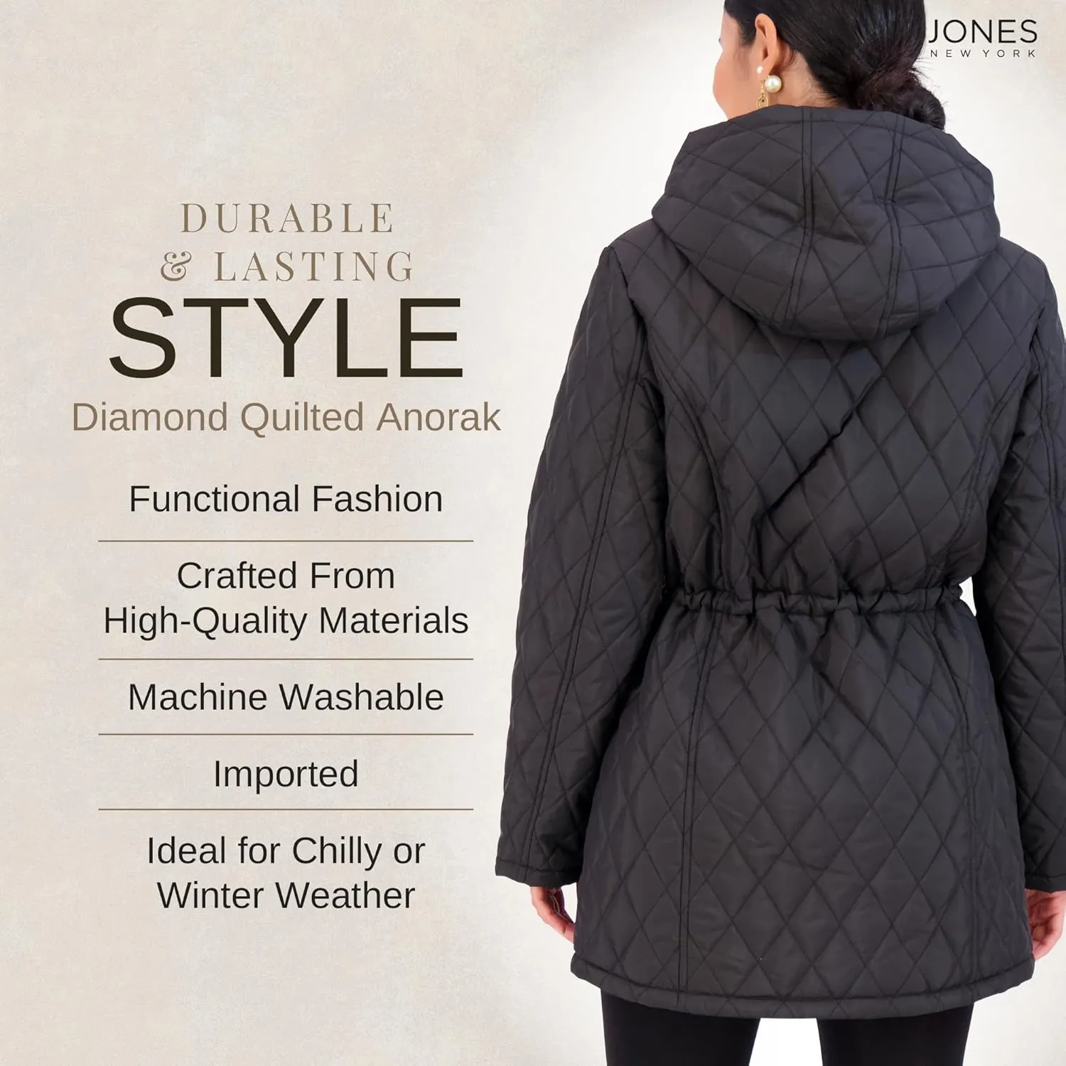 Jones NY Diamond-Quilted Jacket Anorak with Fur Lining - Winter Coats for Women, Black