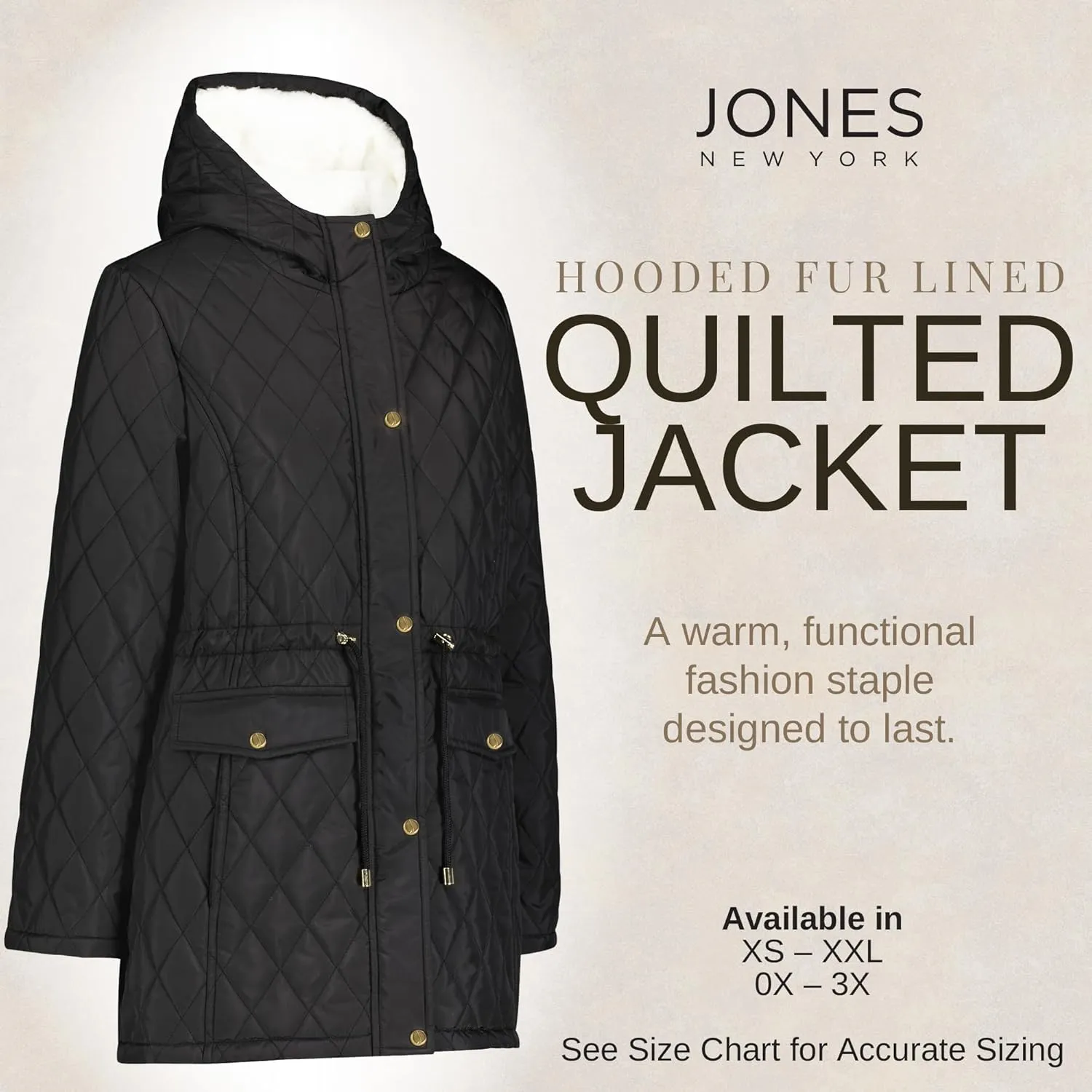 Jones NY Diamond-Quilted Jacket Anorak with Fur Lining - Winter Coats for Women, Black