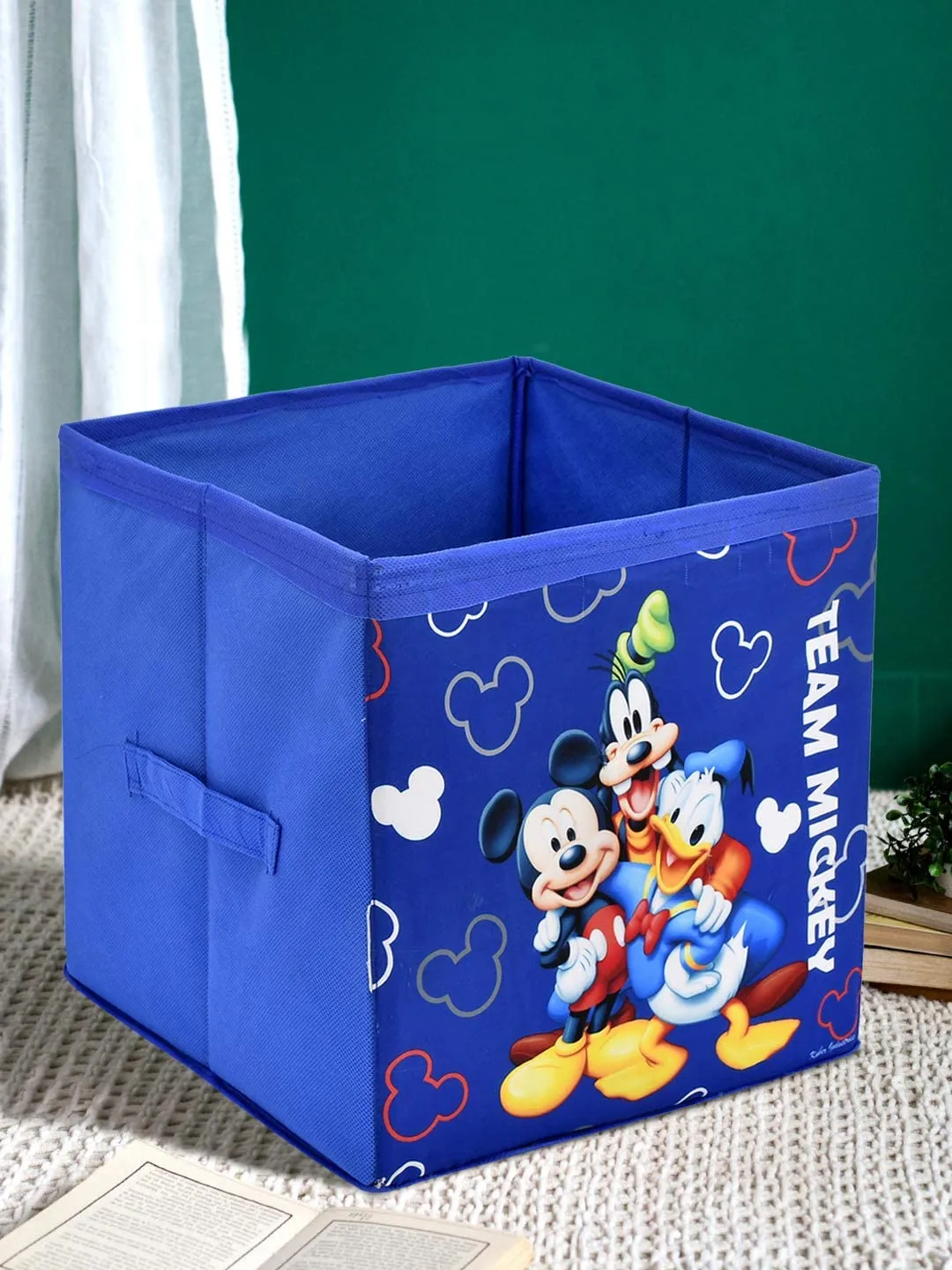 Kuber Industries Non-Woven Mickey & Friend Print Flodable Storage Box/Wardrobe Organizer For Home Decor (Blue) 54KM4248