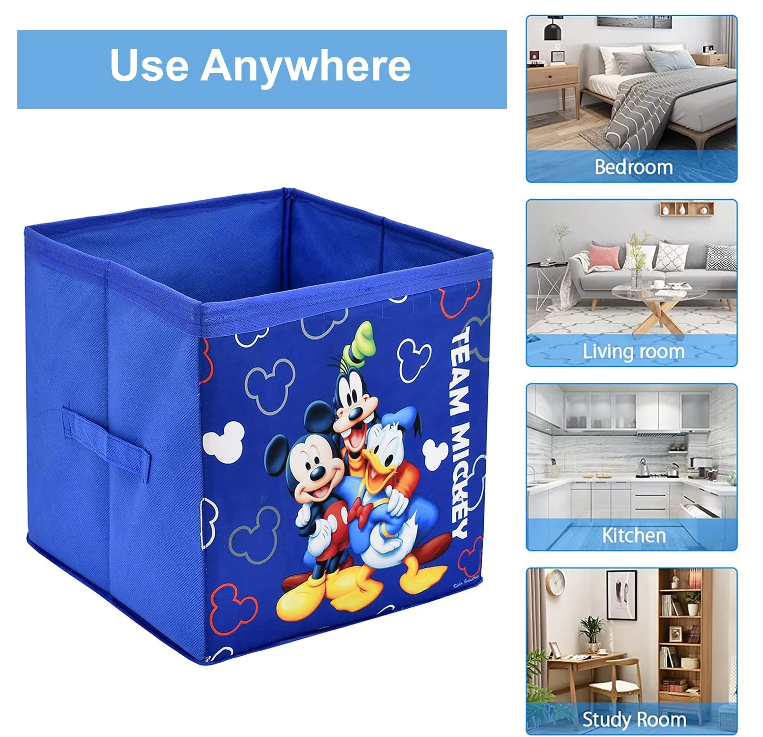 Kuber Industries Non-Woven Mickey & Friend Print Flodable Storage Box/Wardrobe Organizer For Home Decor (Blue) 54KM4248