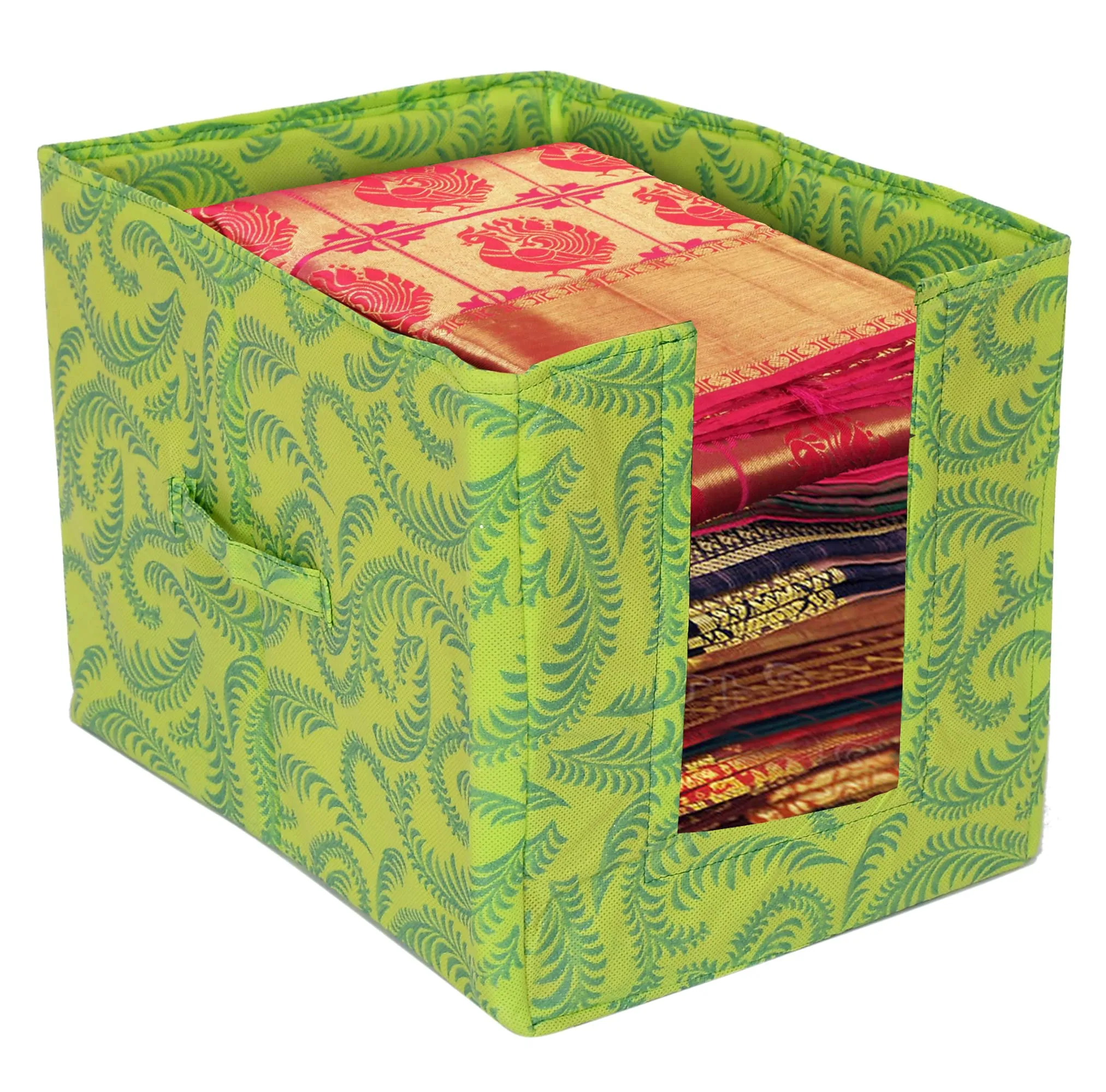 Kuber Industries Saree Organizer for Wardrobe/Closet Storage Box and Clothing Organiser for Women Clothes With Metalic Leaf Print- Pack of 2 (Green)