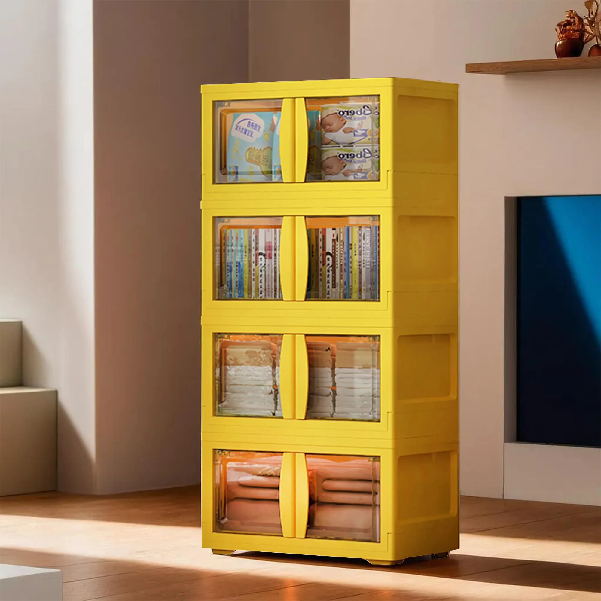 Kuber Industries (Set of 6) 4-Layer Double Door Almirah for Clothes - Collapsible & Foldable Dress Racks/Plastic Cupboard for Storage - Yellow
