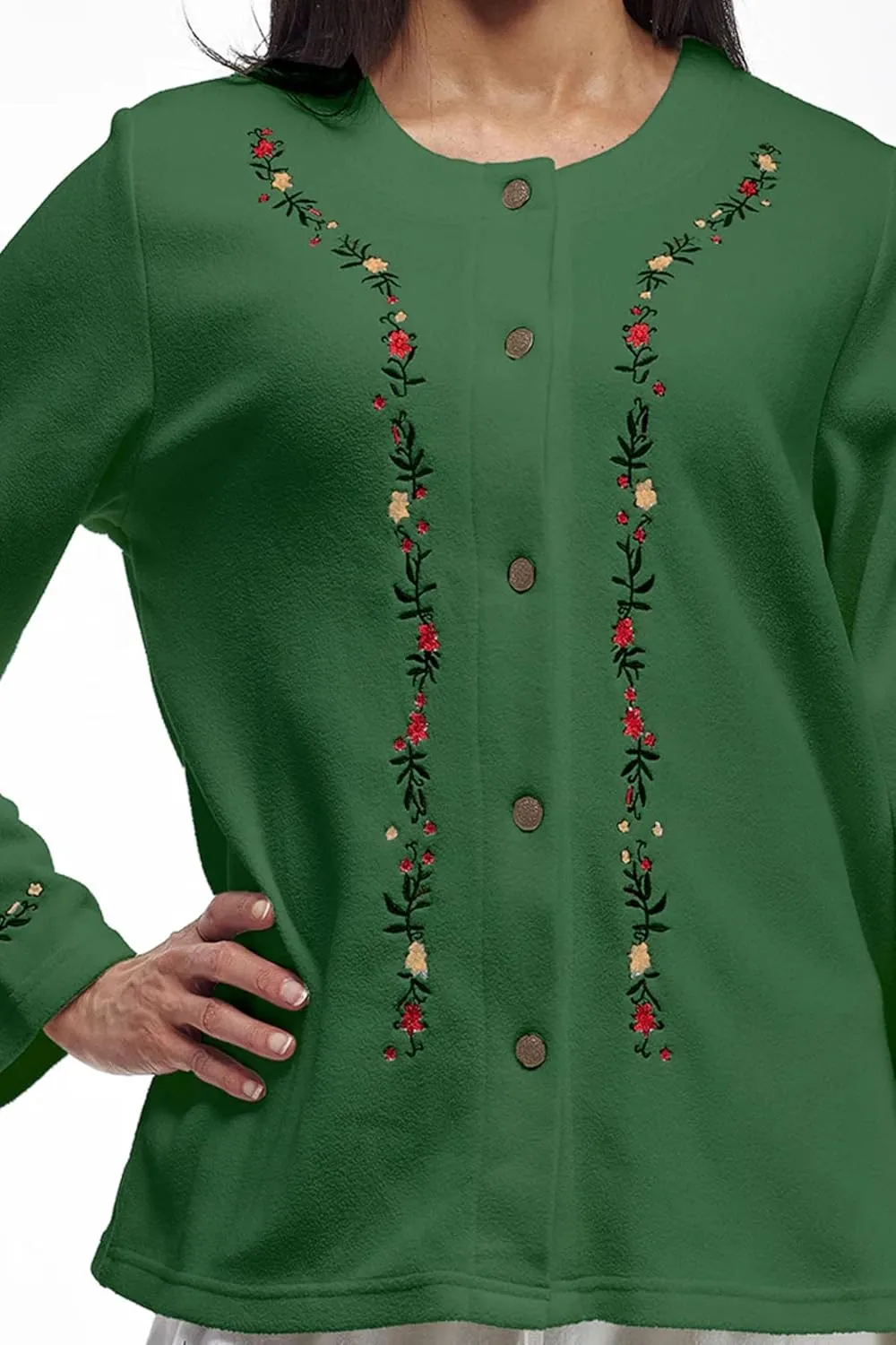LA CERA Women's Embroidered Fleece Jacket - Soft Polyester, Full Button Front, Floral Embroidery, Comfortable Design