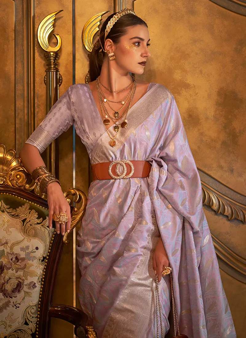Lavender Zari Handloom Weaved Traditional Silk Saree