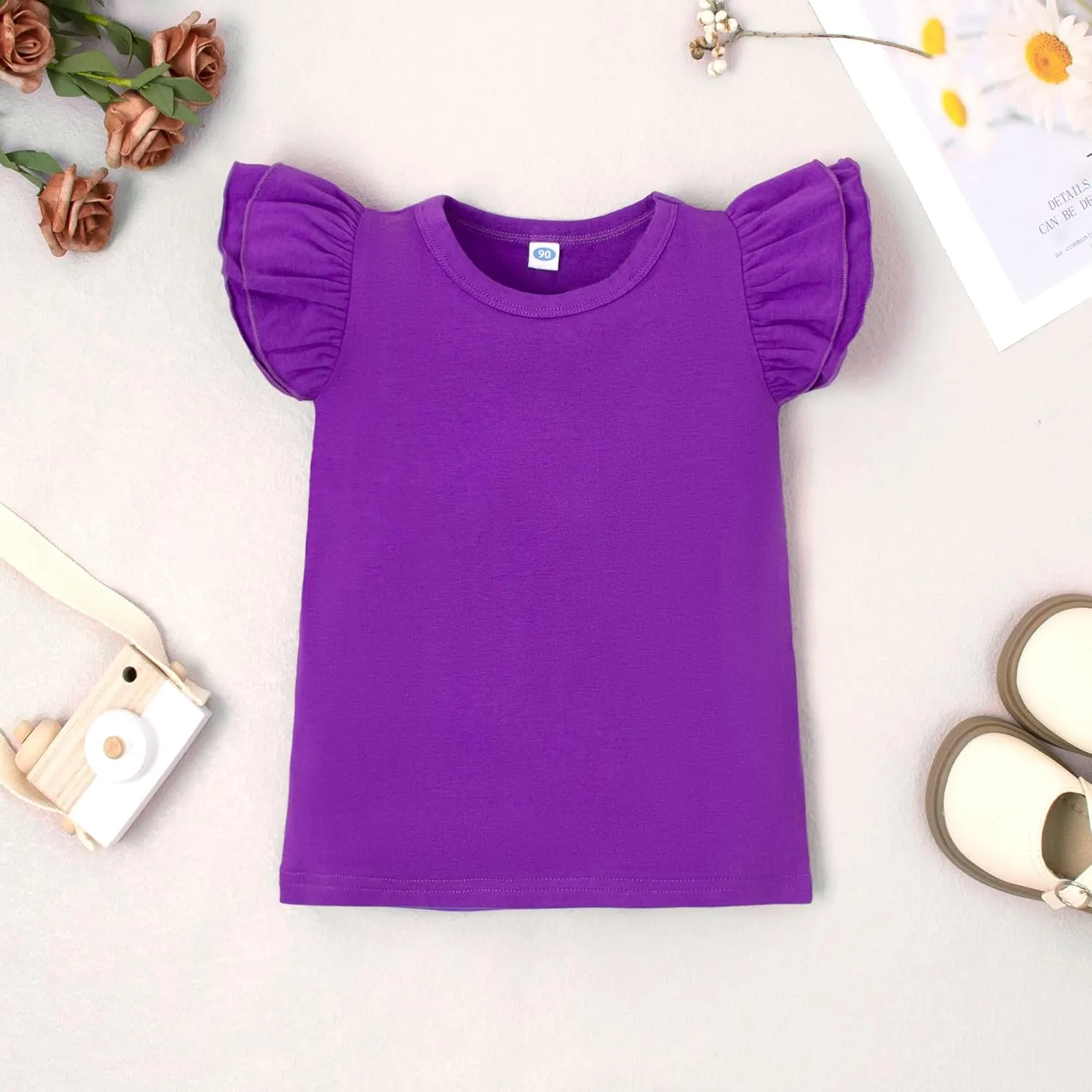 LYSMuch 2-5T Toddler Girls Ruffle Sleeve T Shirt Puff Short Sleeve Basic Tank Top Blouse Plain Solid Kids Casual Clothes
