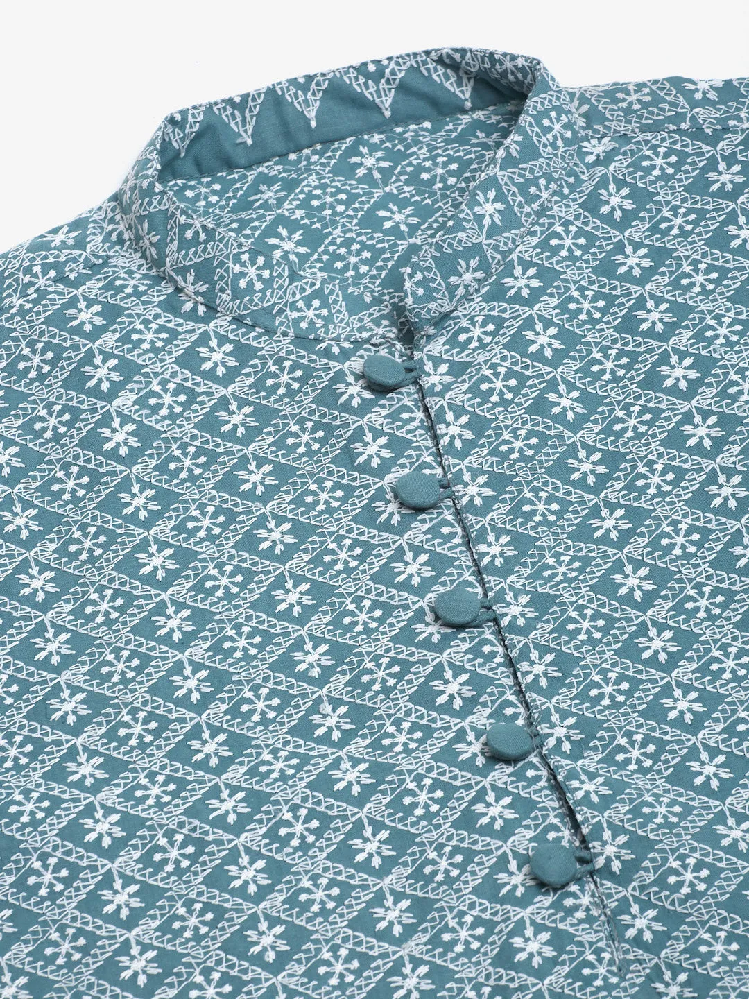 Men's Teal Blue & White Embroidered Straight Kurtas ( Ko 626 Teal ) - Virat Fashions