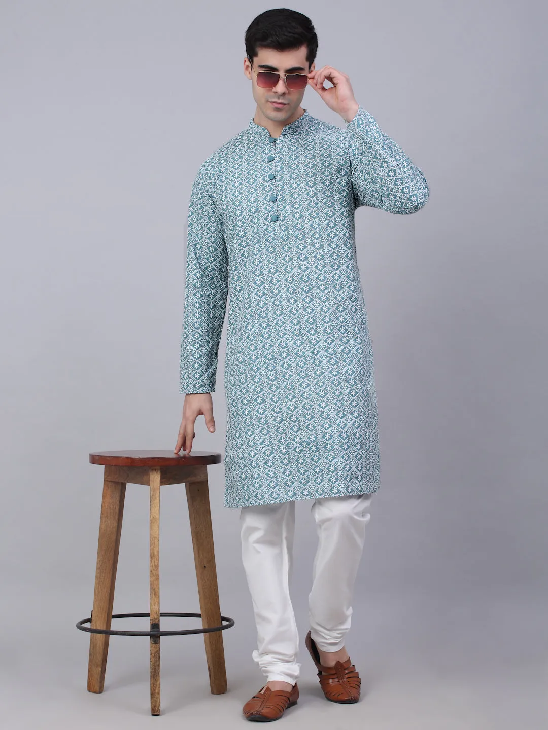 Men's Teal Blue & White Embroidered Straight Kurtas ( Ko 626 Teal ) - Virat Fashions