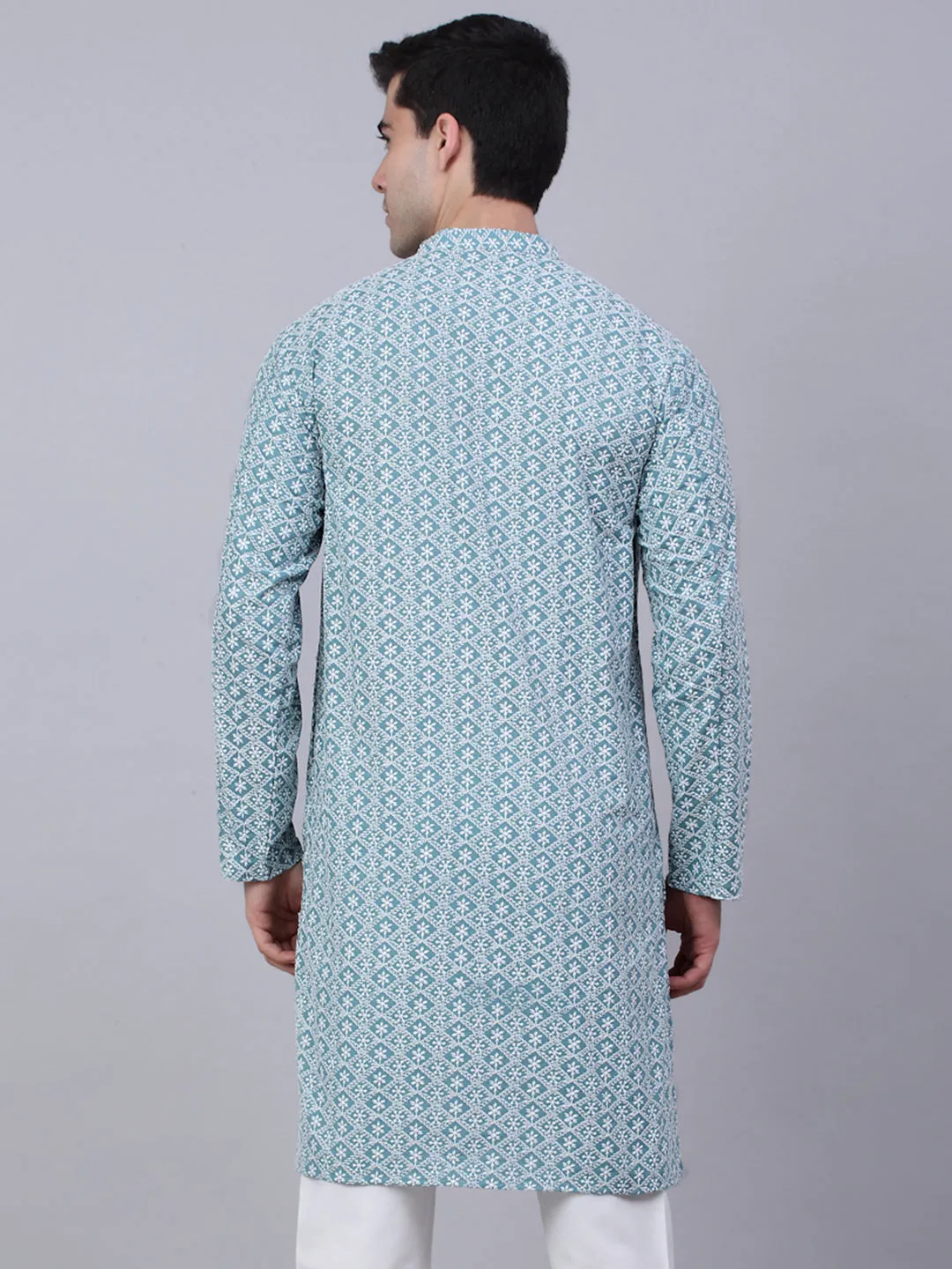 Men's Teal Blue & White Embroidered Straight Kurtas ( Ko 626 Teal ) - Virat Fashions