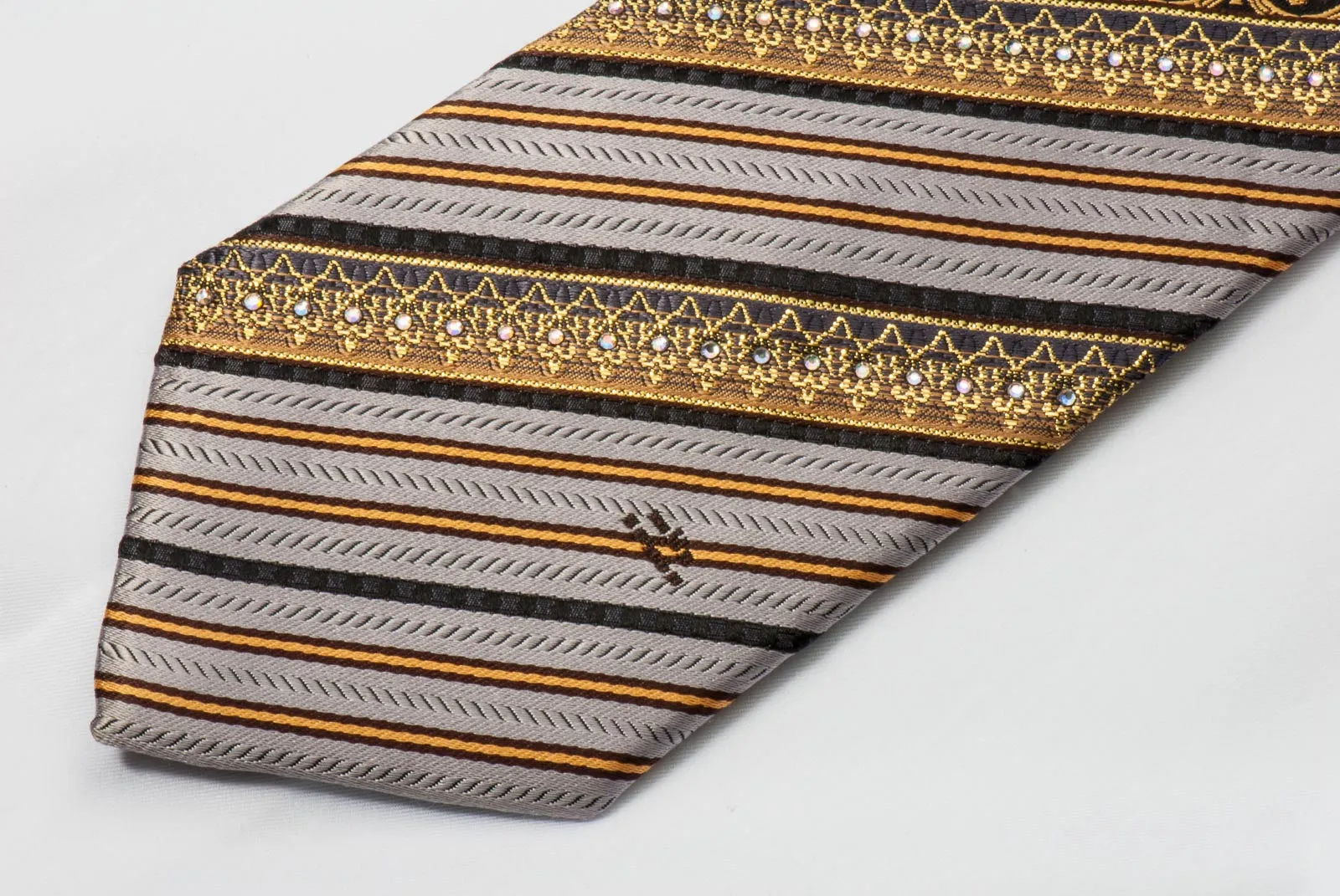 Mila Schon Men's Rhinestone Silk Necktie Silver Gold Stripes With Fleur De Lis Motif & Gold Sparkles