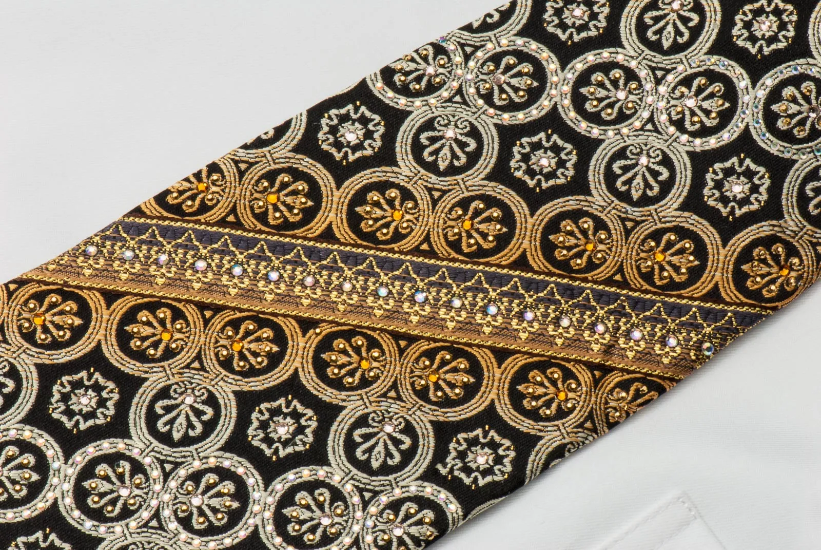 Mila Schon Men's Rhinestone Silk Necktie Silver Gold Stripes With Fleur De Lis Motif & Gold Sparkles