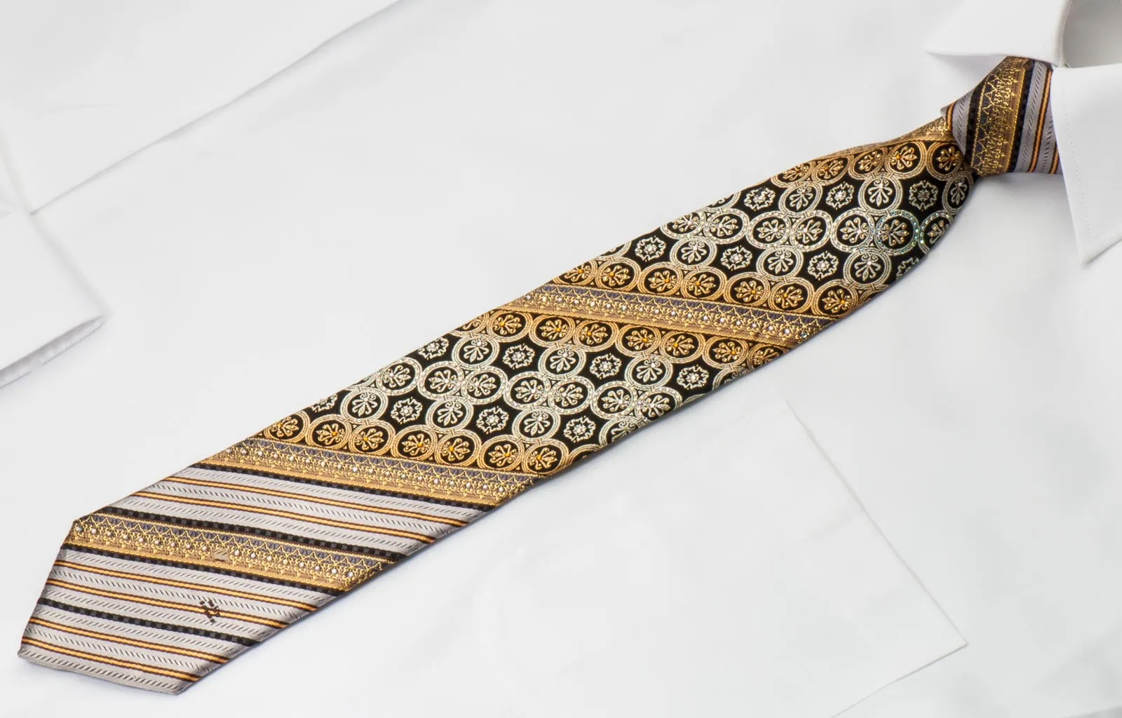 Mila Schon Men's Rhinestone Silk Necktie Silver Gold Stripes With Fleur De Lis Motif & Gold Sparkles