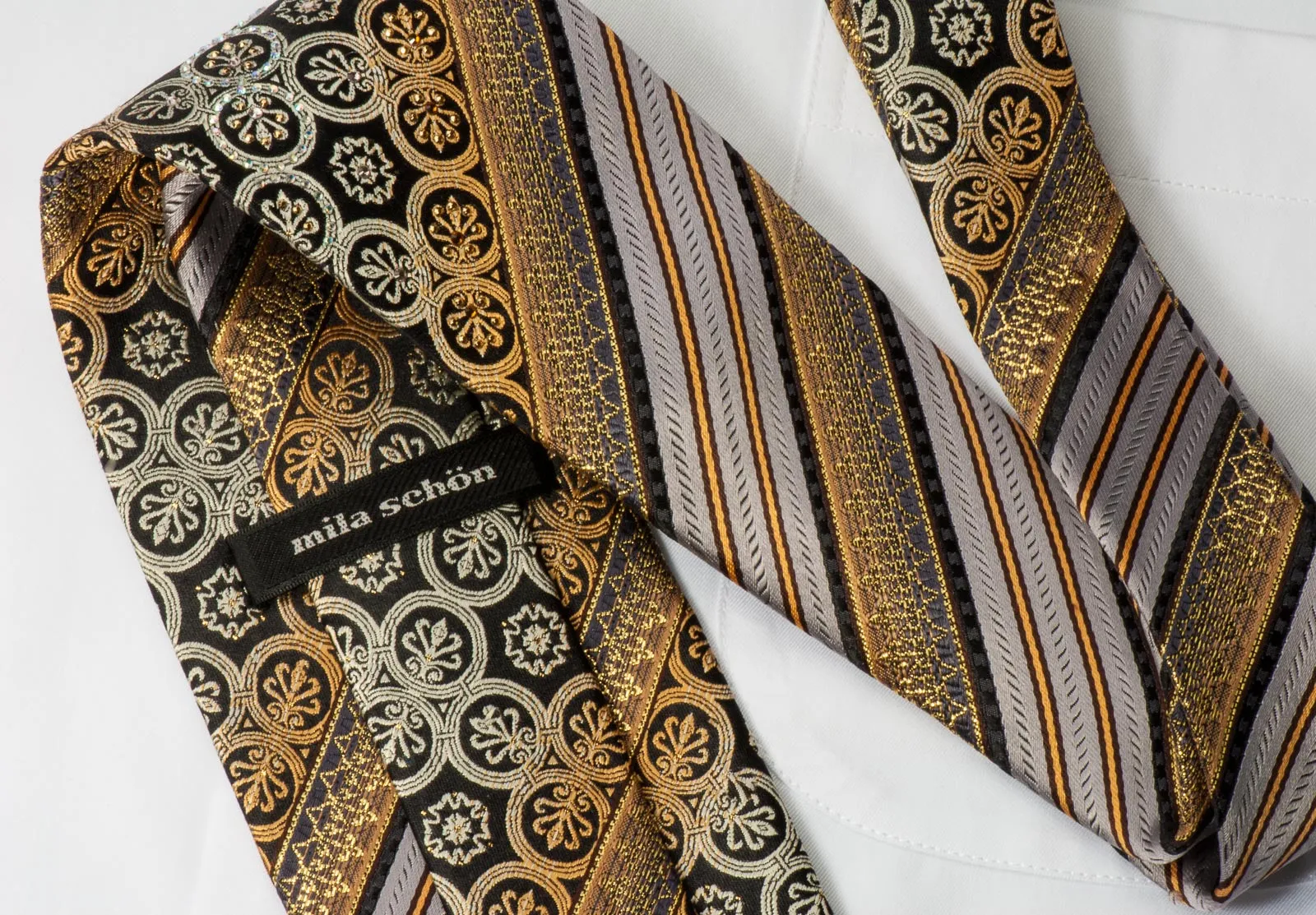 Mila Schon Men's Rhinestone Silk Necktie Silver Gold Stripes With Fleur De Lis Motif & Gold Sparkles